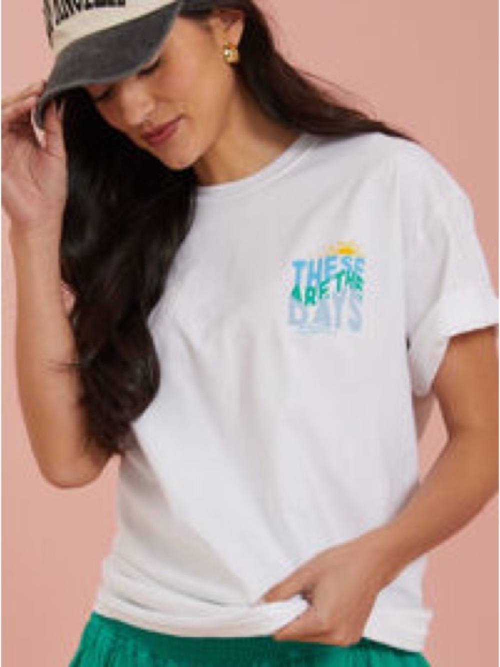 Altar'd State White Tee with Teal, Yellow & Blue Chest Graphic